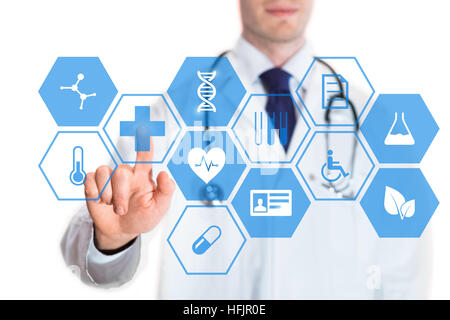 Medical doctor touching virtual interface button of healthcare application, concept about health technology, isolated on white background Stock Photo