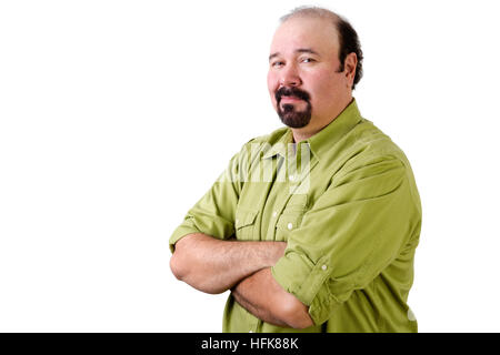 Half body portrait of confident middle aged man with folded arms looking over shoulder on white Stock Photo