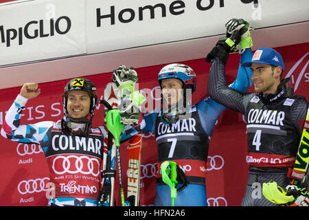 Madonna di Campiglio, Italy 22 December 2016. KRISTOFFERSEN Henrik (Nor) winner, 2nd HIRSCHER Marcel (Aut) and GROSS Stefano (Ita)  3rd Stock Photo