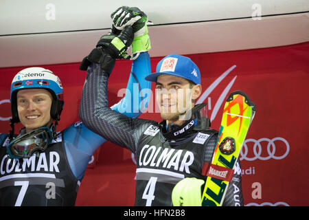 Madonna di Campiglio, Italy 22 December 2016. KRISTOFFERSEN Henrik (Nor) winner, 2nd HIRSCHER Marcel (Aut) and GROSS Stefano (Ita)  3rd Stock Photo