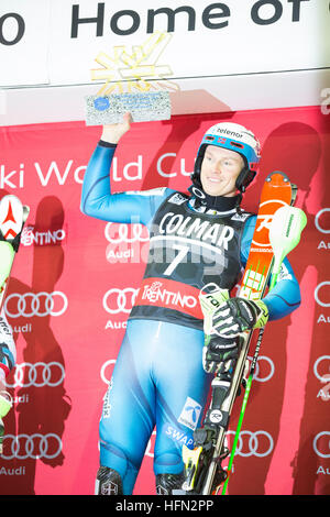 Madonna di Campiglio, Italy 22 December 2016: KRISTOFFERSEN Henrik (Nor) takes 1st place during the Audi Fis Alpine Skiing World Cup Men’s Slalom Race Stock Photo