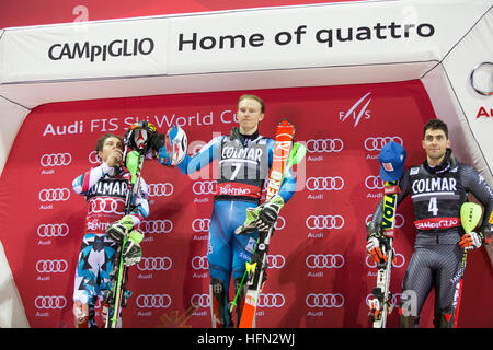 Madonna di Campiglio, Italy 22 December 2016. KRISTOFFERSEN Henrik (Nor) winner, 2nd HIRSCHER Marcel (Aut) and GROSS Stefano (Ita)  3rd Stock Photo