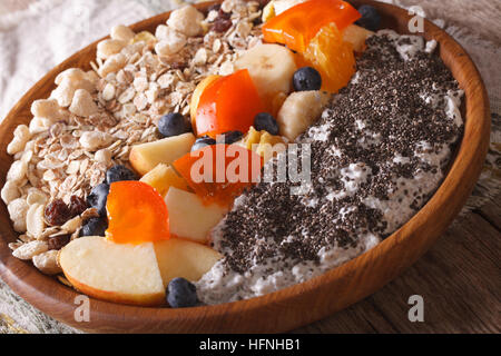 Homemade muesli with fruit and chia seeds close-up on a plate. horizontal Stock Photo