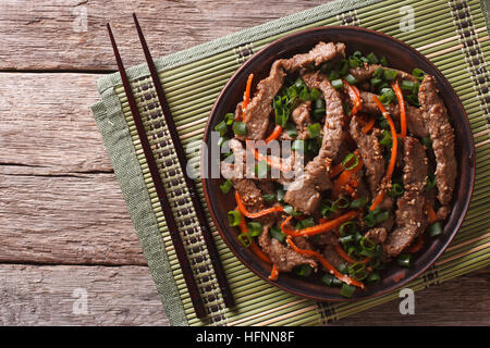 Asian Food: Bulgogi beef slices fried with sesame and carrot on a plate. Horizontal top view Stock Photo