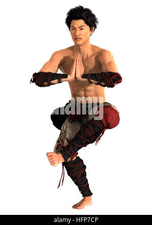 3D rendering of a fighting monk isolated on white background Stock Photo