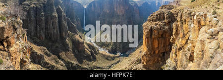 Panorama of the Maletsunyane Falls and large canyon in the mountainous highlands near Semonkong, Lesotho, Africa Stock Photo