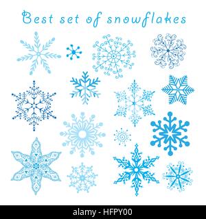 Vector set of different blue snowflakes on a white background Stock Vector