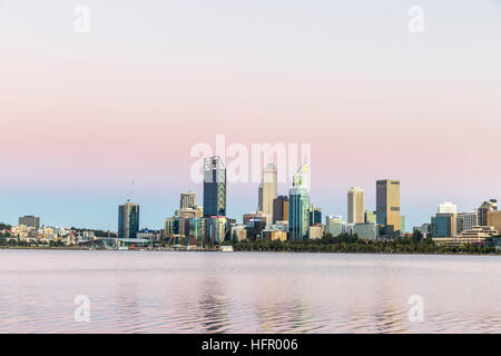 View across the Swan River to the city skyline from the South Perth foreshore, Perth, Western Australia, Australia