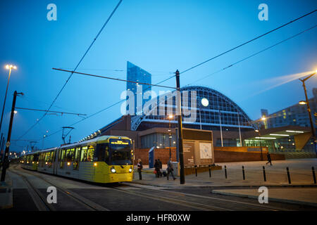 Manchester Central metrolink tram   Dusk Dawn evening daybreak night Transport transporter transportation transported traveling commuter commuting  co Stock Photo