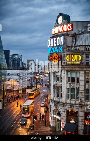 Manchester landmark view Urbis Printworks    entertainment venue cinema clubs eateries located corner of Withy Grove Corporation Street  city centre E Stock Photo