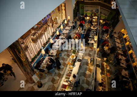 Manchester Selfridges restaurant interior   seating food much eating Elevated view high viewpoint above Ariel Restaurant dining food eating eating dri Stock Photo