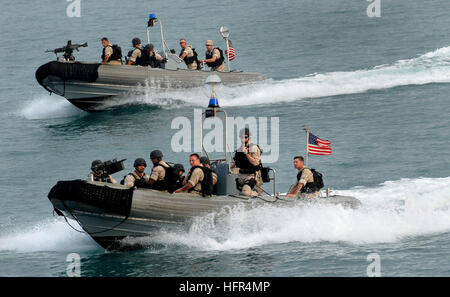 070515-N-0684R-019  PERSIAN GULF (May 15, 2007) - Sailors approach guided-missile destroyer USS Preble (DDG 88) in a pair of rigid hull inflatable boats after a day of performing Interaction Patrols (IPATS) in the North Arabian Gulf. IPATS are an element of maritime operations and are conducted in Iraqi territorial waters so that commercial shipping and fishing can occur safely in the region. Preble, part of John C. Stennis Carrier Strike Group, is on a scheduled deployment in support of maritime operations and the global war on terrorism. U.S. Navy photo by Mass Communication Specialist 3rd C Stock Photo