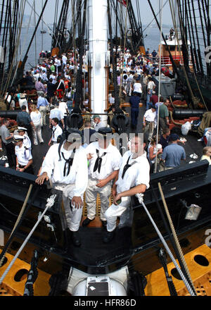 060623-N-5367L-003 Boston, Mass. (June 23, 2006) - USS Constitution crew members stand by on the ship's bowsprit prior to a 21-gun salute to the nation. The ship was underway for the 'Constitution Day Cruise,' which is conducted to thank the family and supporters of Constitution. U.S. Navy photo by Airman Nick Lyman (RELEASED) USS Constitution Deck Stock Photo