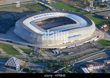 AERIAL VIEW. Allianz Riviera Stadium; a large (capacity of 45,000) multi-use arena built in 2013. Nice, Alpes-Maritimes, France. Stock Photo