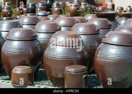 Stacks of Korean Kimchi jars, Pusan, South Korea Stock Photo