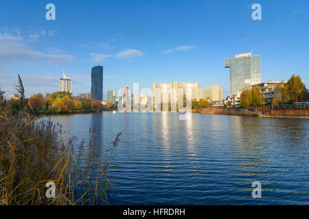 Wien, Vienna: lake Kaiserwasser, highrise 'Hochhaus Neue Donau', DC Tower 1, Vienna International Center (UNO), IZD Tower, Wien, Austria Stock Photo