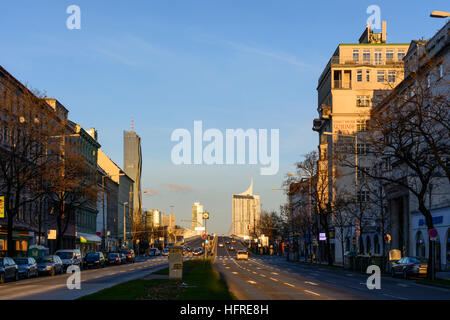 Wien, Vienna: street Lassallestraße, bridge Reichsbrücke, DC Tower 1, highrise Neue Donau, Wien, Austria Stock Photo