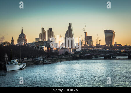 An early morning view of the London Skyline from Waterloo Bridge and the proposed site of the Garden Bridge Stock Photo