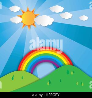Landscape paper art style vector background showing mountain, tree, rainbow, sun, sky, cloud and sunlight. Stock Vector