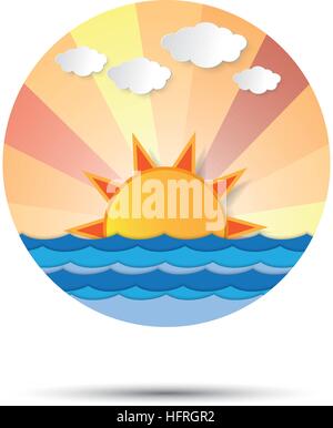 Sunrise and sunset icon logo vector graphic design. sun rising or setting at the horizon of the ocean. Sunlight shining to the cloud and sky. Paper ar Stock Vector