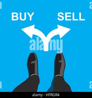 Businessman standing at the cross road making decision - buy or sell. Business concept vector graphic design. Stock Vector