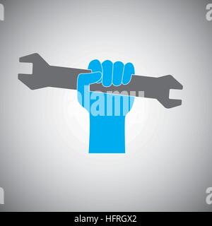 Hand holding open-end fixed wrench icon logo representing engineering, mechanic and technician. Stock Vector