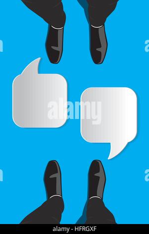 Businessmen in black shoes talking about business with white blank dialog box to fill text for their speech, message and conversation. Stock Vector