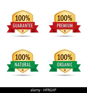 Set of gold badge label icon logo of 100% guarantee, premium, natural, organic product. Stock Vector