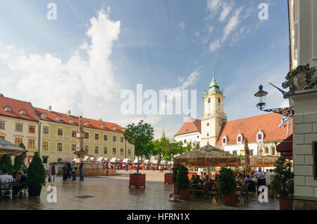 Bratislava (Pressburg): Main square with Old Town Hall and Maximilian fountain, , , Slovakia Stock Photo