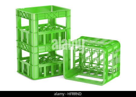 empty green plastic storage boxes, crates for bottles. 3D rendering isolated on white background Stock Photo