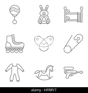 Baby thin line related vector icon set for web and mobile applications. Set includes - bunk bed, roller skate, pin, rocking horse, gun, rattle, rabbit Stock Vector