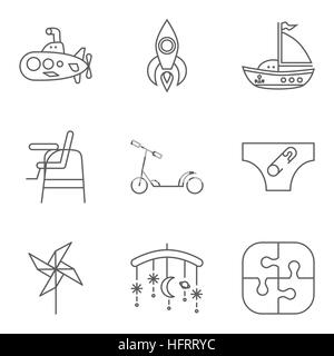 Baby thin line related vector icon setfor web and mobile applications. Set includes - submarine, rocket, ship, highchair, scooter, diapers, whirligig, Stock Vector