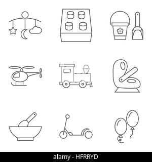 Baby thin line related vector icon setfor web and mobile applications. Set includes - bed carousel, building kit, pail and shovel, helicopter, baby se Stock Vector