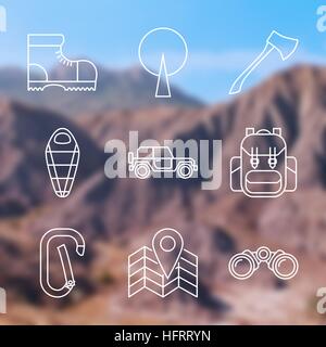 Set of Outline stroke Camping icons on blurred background. Vector illustration Stock Vector