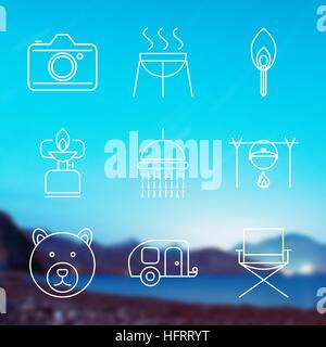 Set of Outline stroke Camping icons on blurred background. Vector illustration Stock Vector
