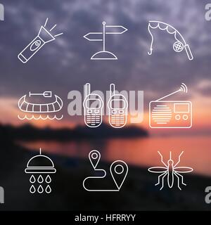 Set of Outline stroke Camping icons on blurred background. Vector illustration Stock Vector