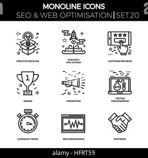 Line icons set with flat design of search engine optimization. Victory strategy, creative package, customer reviews, award, promotion, testing program Stock Vector