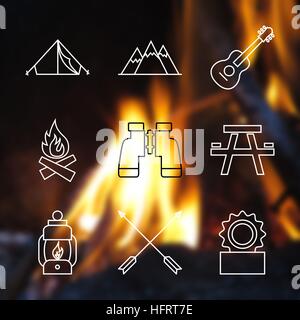 Set of Outline stroke Camping icons on blurred background. Vector illustration Stock Vector