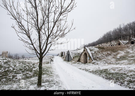 Hercegkút, Hungary. 26th December, 2016. Wine cellars in the snow at the World Heritage site of Gombos-hegy in Hercegkút. Stock Photo