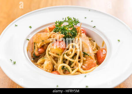 Prawn Pasta with Lobster bisque sauce Stock Photo