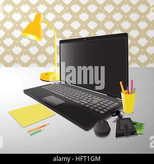 laptop on a table with a lamp on an isolated background illustration. FOR USE design, decoration, printing, smart phone, website, etc. Stock Vector