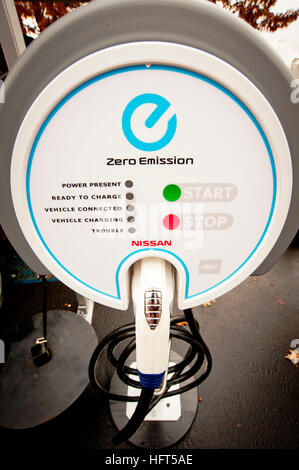 The electric Nissan Leaf residential charger will be installed in the Leaf owners garage. It's design suggests that of a traditional gasoline pump Stock Photo