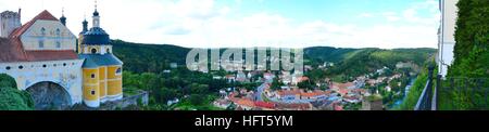 Panoramic wide angle top view at Vranov nad Dyji village in Czech Republic. The view at village from the top of the Vranov nad Dyji castle. Stock Photo