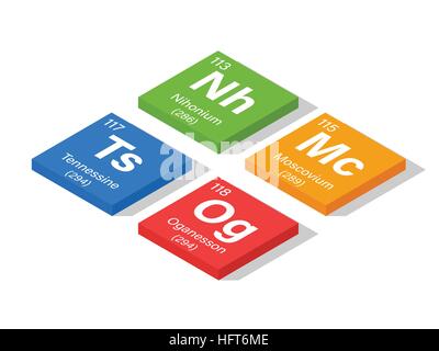 2016 New Elements in the Periodic Table - Nihonium, Moscovium, Tennessine and Oganesson - 3D isometric style vector illustration Stock Vector