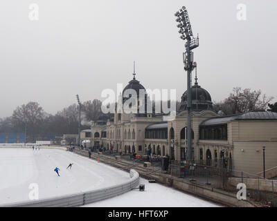 Budapest's outdoor ice skating track with it's beautiful buildings, near the Hero Square. Budapest, Hungary Stock Photo