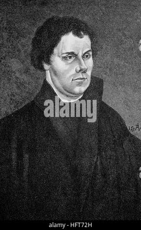 Martin Luther, 1483-1546, a German professor of theology, composer, priest, monk, Portrait in 1525, woodcut from the year 1885, digital improved Stock Photo