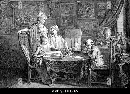 Daniel Niklaus Chodowiecki, 1726-1801, a Polish and later German painter and printmaker, at home in his family, Etching by himself, woodcut from the year 1885, digital improved Stock Photo
