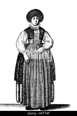 German women's traditional costumes in the 17th century, Clothes of a citizen's wife at Basel, now Switzerland, fashion, woodcut from the year 1885, digital improved Stock Photo