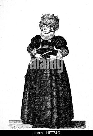 German women's traditional costumes in the 17th century, Clothes of a Strasbourg wedding woman, now France, fashion, woodcut from the year 1885, digital improved Stock Photo