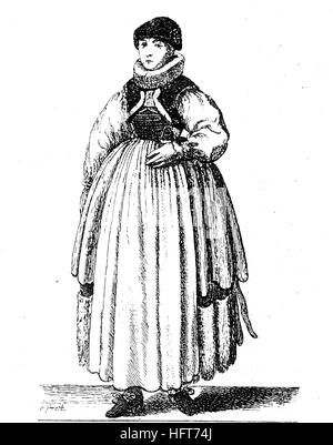 German women's traditional costumes in the 17th century, Clothes of a Strasbourg maiden, now France, fashion, woodcut from the year 1885, digital improved Stock Photo